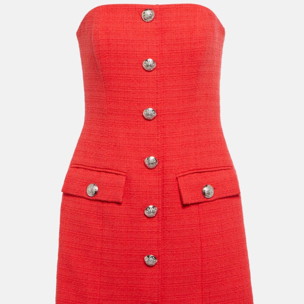 Veronica Beard Aster Strapless Tweed Dress Red Crest Buttons Cotton Size 10